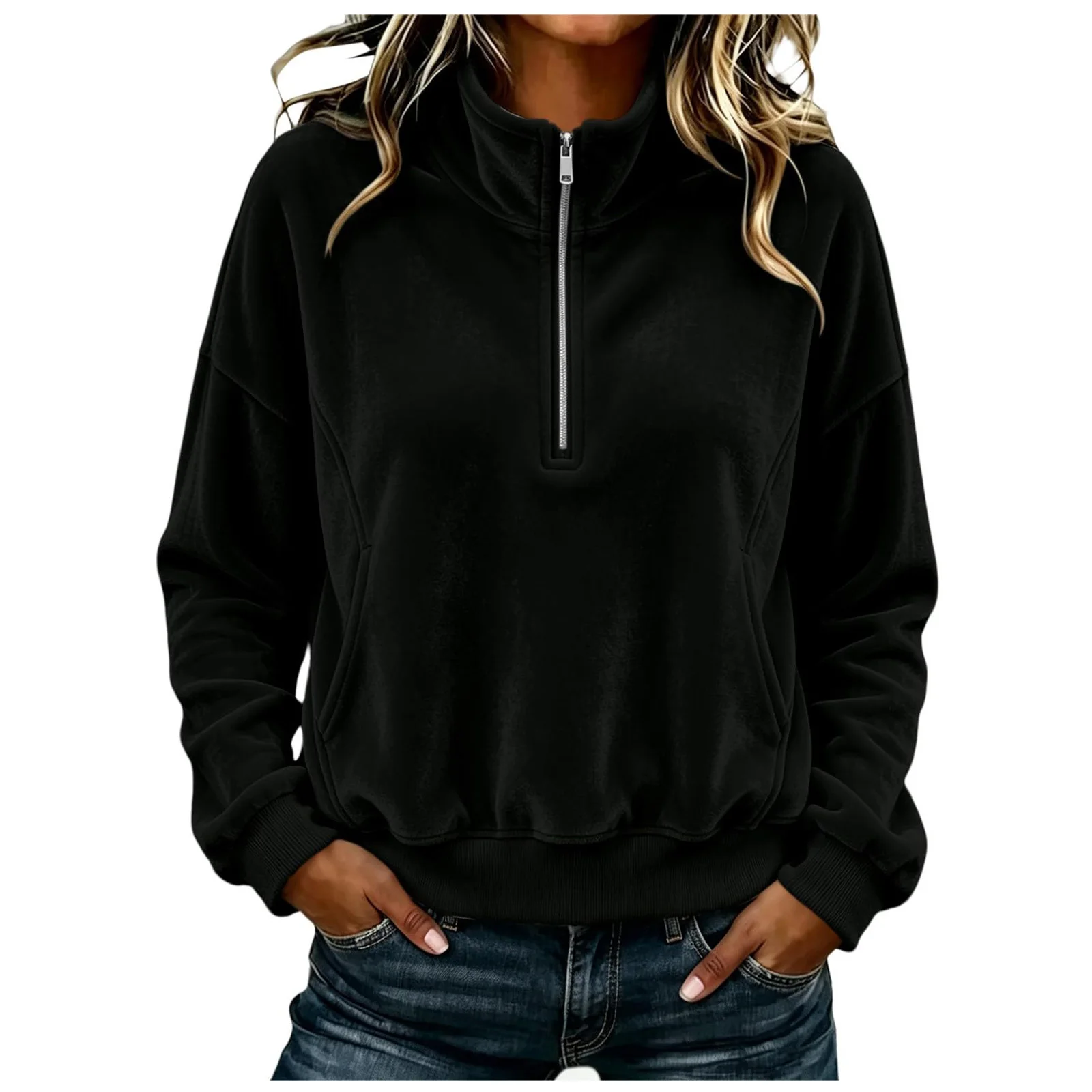 Womens Quarter Zip Pullover Long Sleeve Velvet Sweatshirt Soft Cozy Lightweight Fall Winter Outfits Casual Loose Color Hoodie