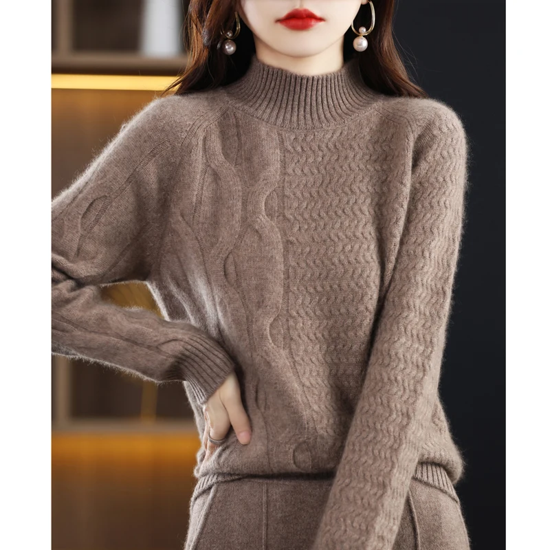 

100 Pure Cashmere Knitted Women's Sweater Fall/Winter New Loose Padded Half-Turtleneck Pullover Sweater