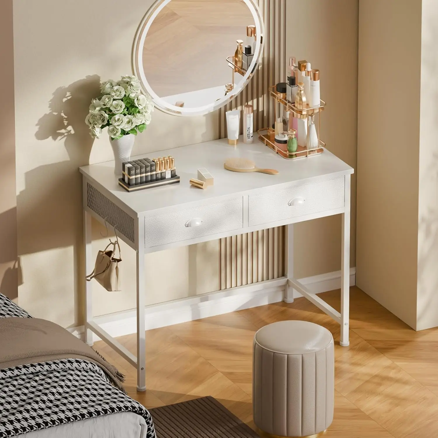 Small White Computer Desk with 2 Fabric Drawers, 34 Inch Home Office ...