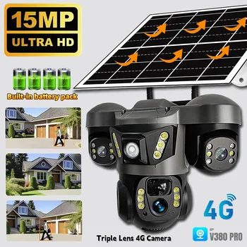 15MP 10X Zoom Triple Lens 4G Solar Camera Outdoor Triple Screen CCTV PIR Motion Detection Security Surveillance V380 Pro Camera