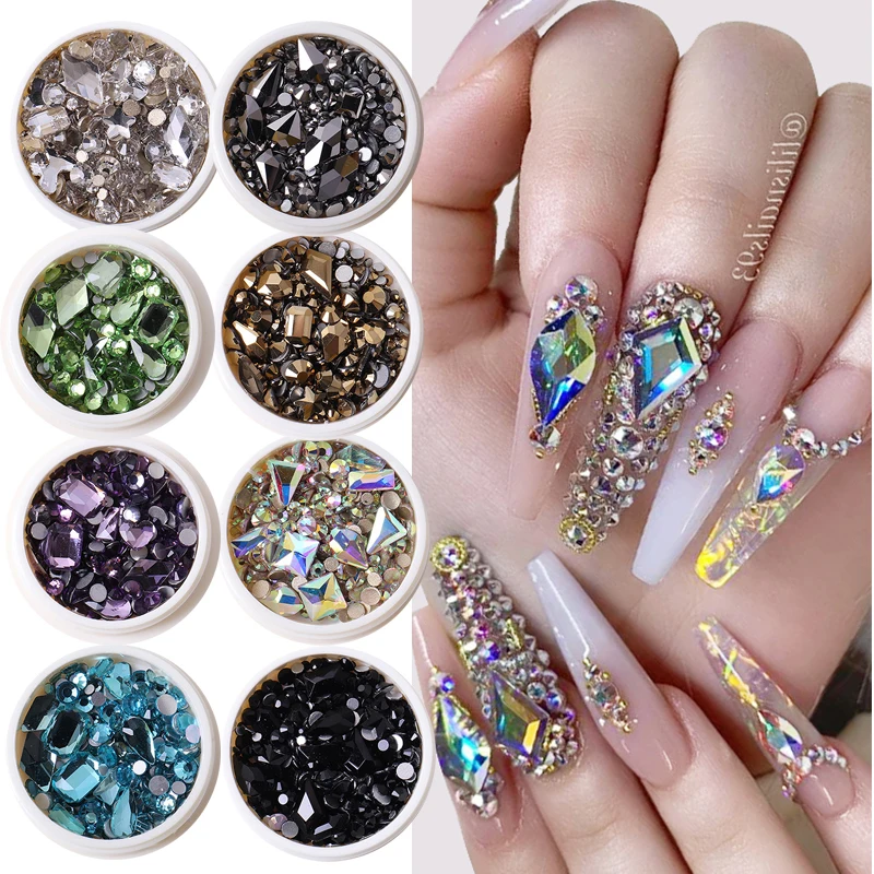 100pcs Mixed Crystal AB Nail Art Rhinestones Flatback Shiny Glass Nail  Stones Gems For 3D Nails DIY Manicure Decorations