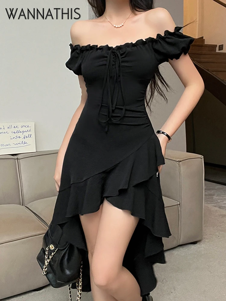 

WannaThis Off Shoulder Ruffle Irregular Hem Dress Women Sexy Lace Up Korean Fashion Chic Bodycon Casual Harajuku Festival Dress