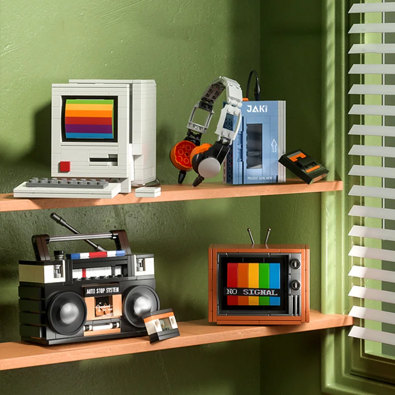 

Classic Retro Cassette Video Game Machine Typewriter Block Computer Tape Walkman Recorder Television Model Build Bricks Toy