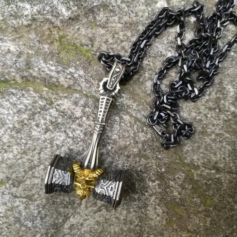 New Vintage Zinc Alloy Viking Gold Skull Thor Hammer Pendant Necklace for Men Viking Amulet Punk Jewelry Steel Chain