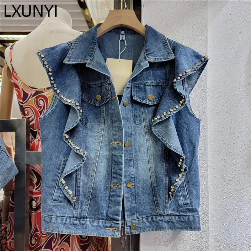 

LXUNYI Fashion Sleeveless Denim Vest Retro Sweet Style Heavy Ruffles Loose Denim Jacket Women Short Coat Diamond Beaded Jean Top