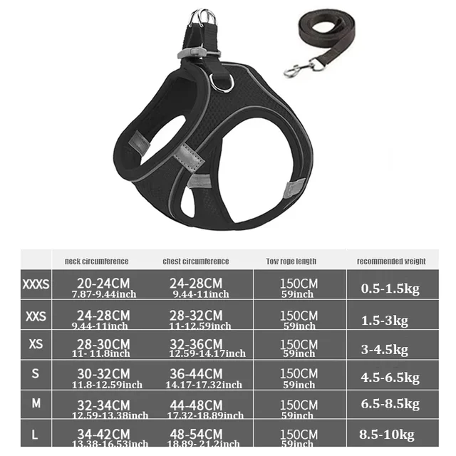 XXXS-L Reflective Pet Harness Dogs Strap with Leash Adjustable Harness Vest Breathable Collars for Chihuahua Small Large Dogs 6