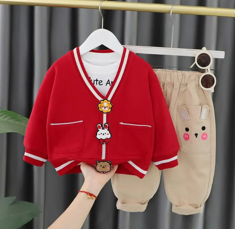 

Toddler Infant baby clothes boy girl casual suits cartoon Printed cardigan jackets white shirts pants 3pcs kids bebes tracksuits