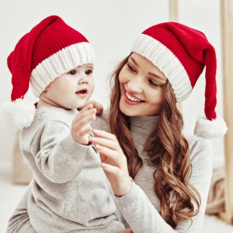 

1/2pcs Baby Christmas Hat Knitted Cap Pompom Adult Child Soft Beanie Santa Claus Caps New Year Kid Gift Xmas Decorate