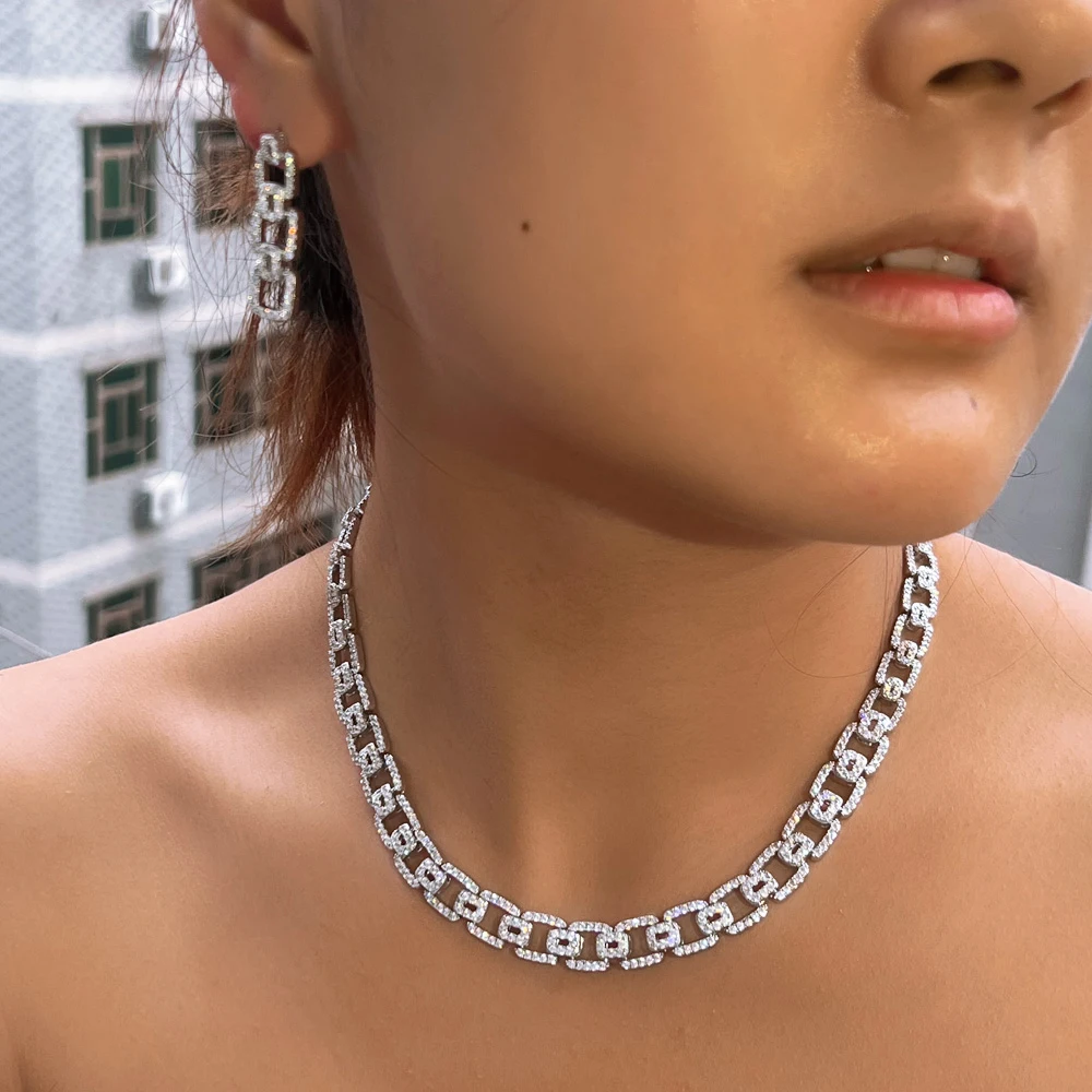 

CWWZircons Shiny Cubic Zirconia Cuban Chain Link Engagement Party Wedding Necklace and Earrings Jewelry Sets for Women T744