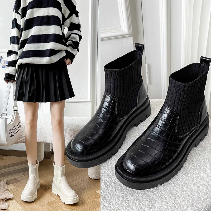 Women Ankle Boots Slip On Pu Leather Splicing Ladies Shoes Female Fashion Autumn Short Boot Non Slip Woman Platform Shoes New