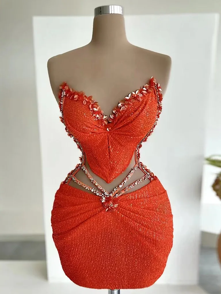 OrangeCocktailDressforWomenSequinedVNeckGlitterMiniCocktail