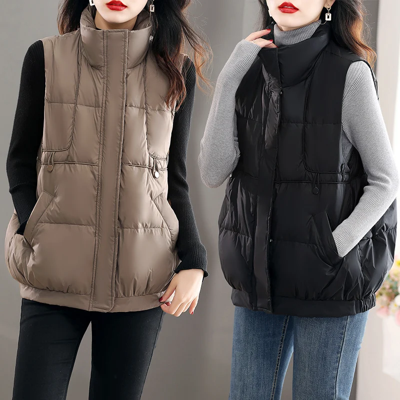 Plain color fabric clothing 2023 autumn and winter new version trendy plus size 90 white goose short style down vest simple_voghion.com