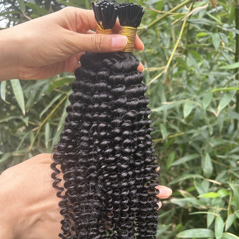 JUF I Tip Hair Extensions Human Hair Kinky Curly Itips Human Extensions For Black Women Full to Bottom Natural Black I Tips