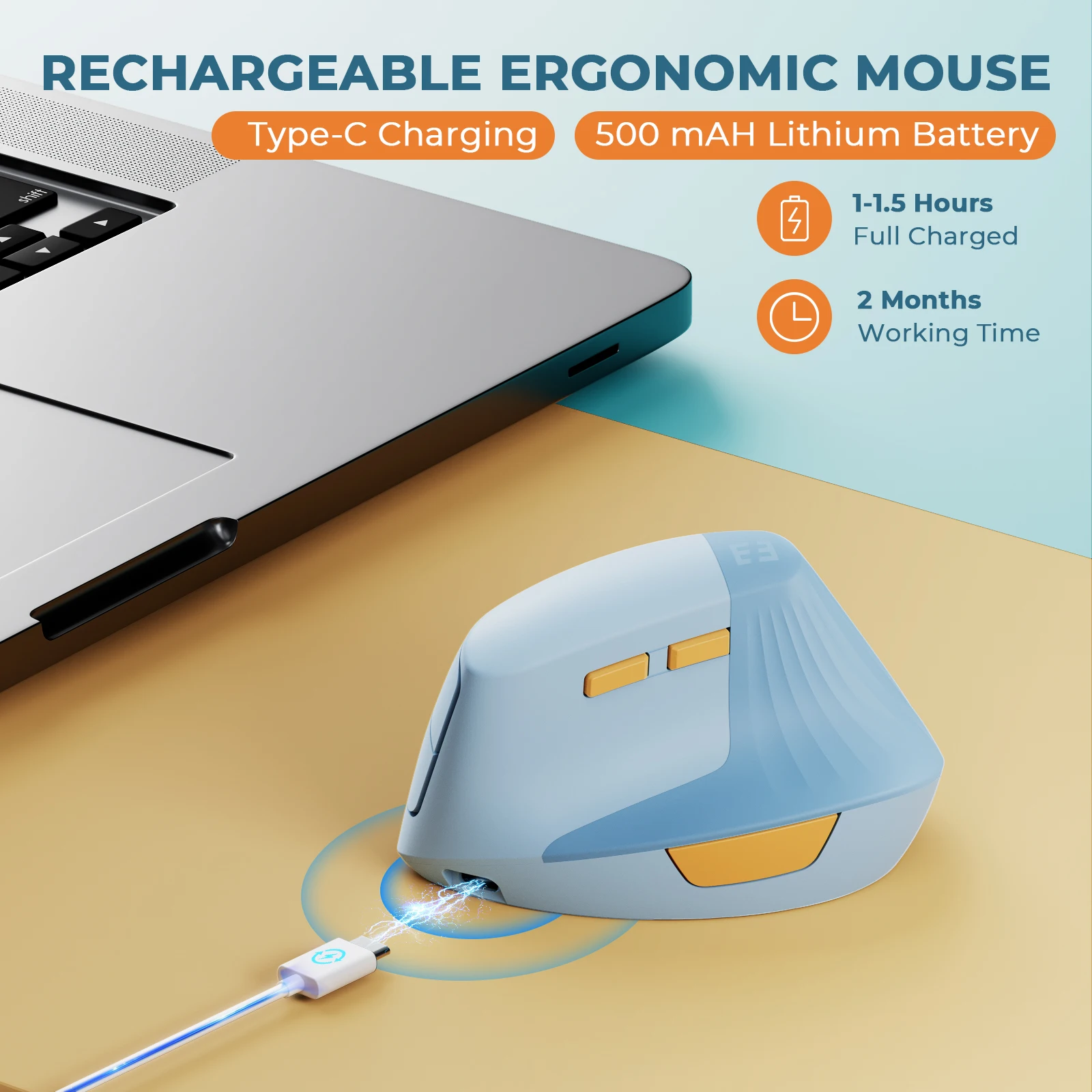 Seenda-mouse Recarregável sem Fio Ergonômico Elevação Vertical tipo c Usb Laptop pc Macbook Windows Android Laptop - Imagem 3