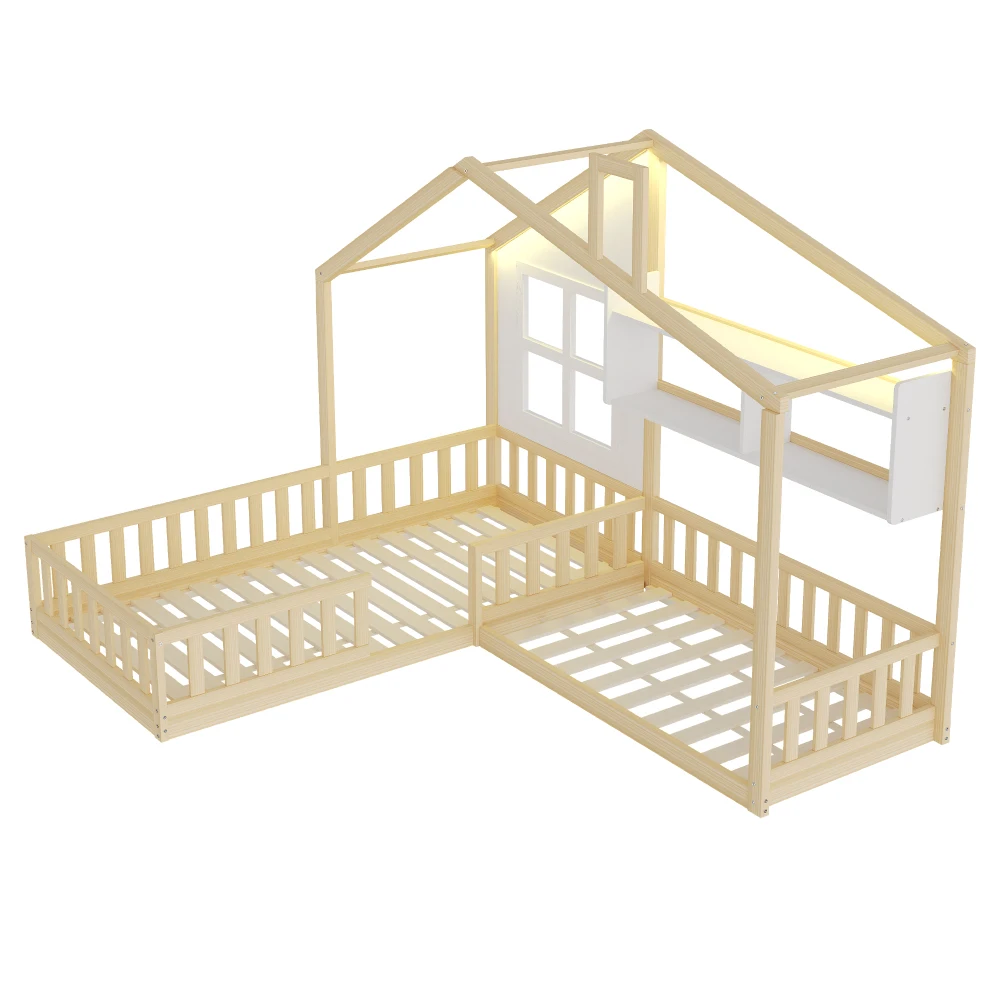 90x200cm (140x70cm) Bett mit Fensterregalen, LED-Lichtleiste, Kinderbett mit Sicherheitsgitter und Lattenrost, Holzfarbe – Detail 7