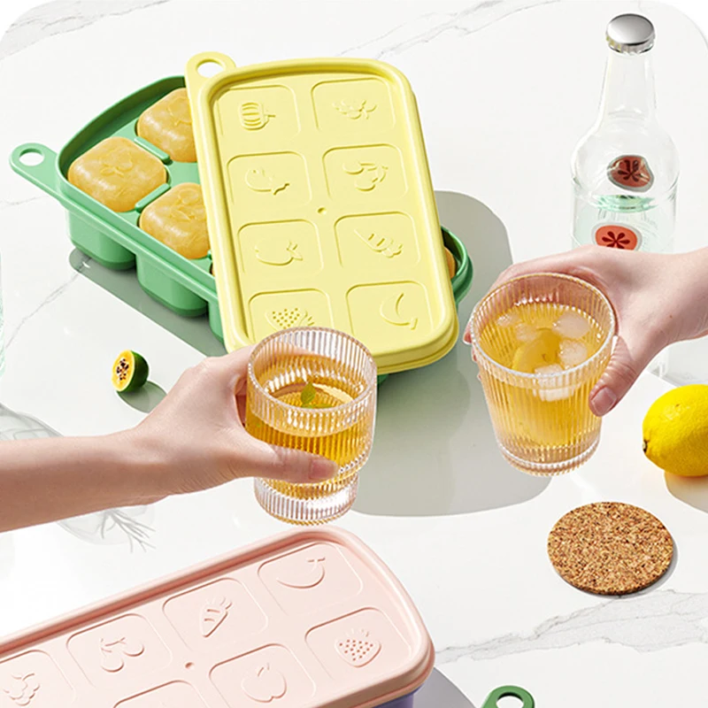 Kitchen Silicone Ice Cube Molds Reusable Ice Grid Tray DIY Whiskey Beverage Square Mold with Lid Food Grade Cube Box