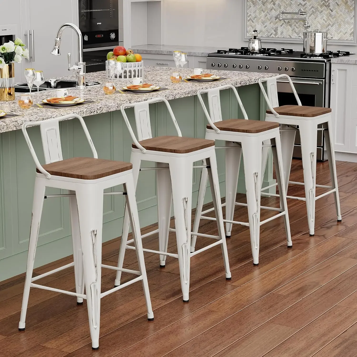 24" Metal Bar Stools Set of 4 Counter Height Barstools Industrial Counter Stool Kitchen Bar Chairs with Modern Wooden Seat