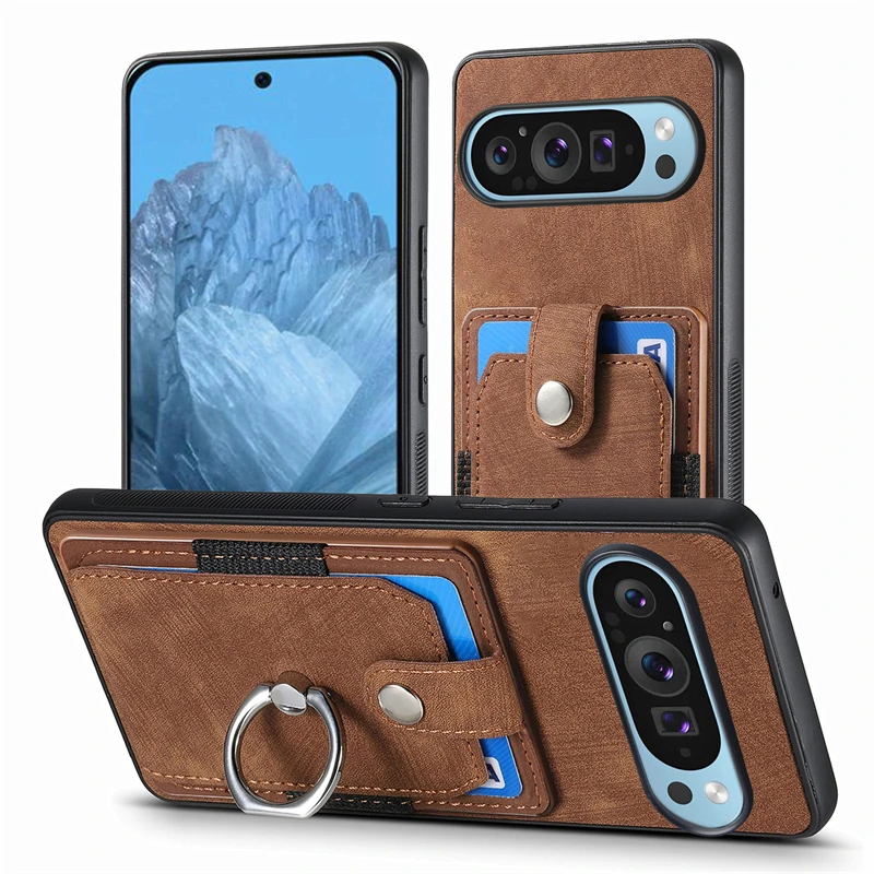 Luxury Leather Magnetic Wallet Case with Ring Stand and Card Slot Cover