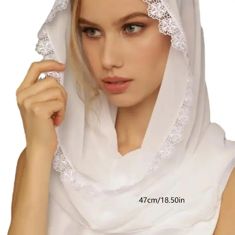 Woman Church Lace Trim Veil with Floral Pattern Large Veil Sunproof for Summer
