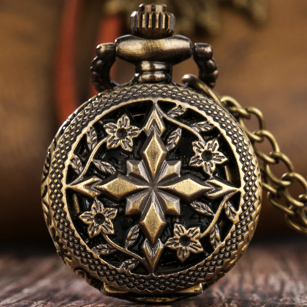 

Small Cross Flower Hollow Out Pendant Clock Necklace Steampunk Reloj Analog Arabic Numerals Dial Quartz Pocket Watch with Chain