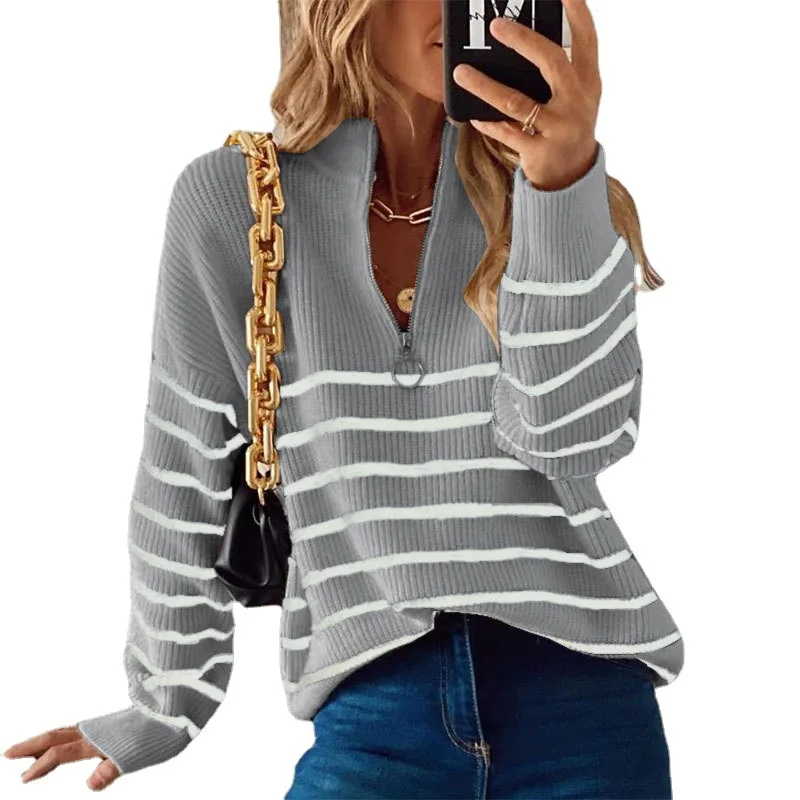 

2022 New Autumn And Winter Stripe Color Contrast Long Sleeve Women's Top Zipper Pullover Knit Casual Sweater Women Gray