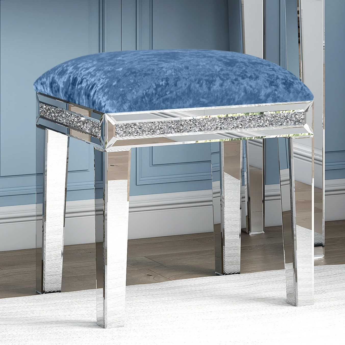 SHYFOY Mirrored Vanity Stool with Crushed Diamond, Hot Pink Vanity Chair Elegant Velvet Makeup Chair 18x14x20, for Bedroom