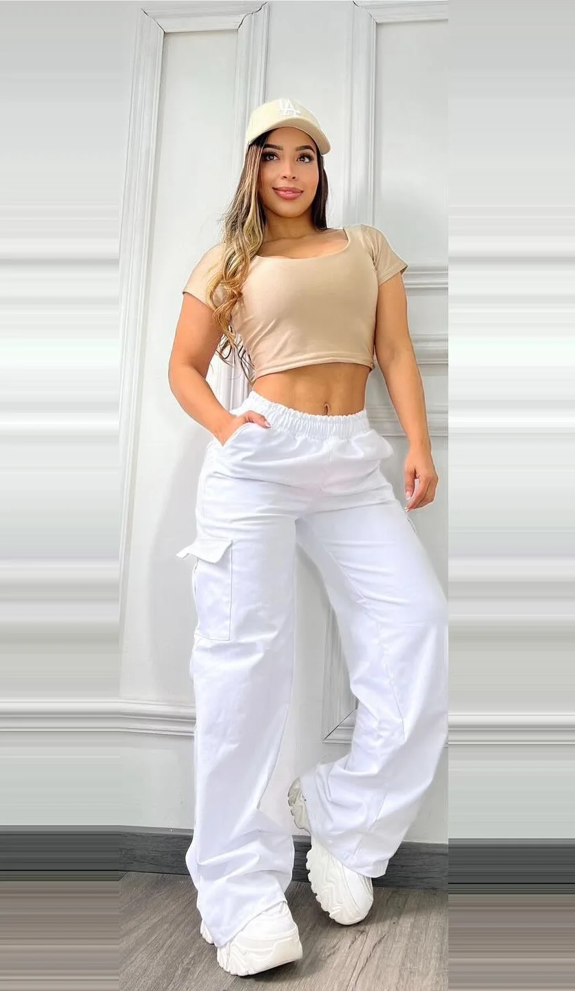 Women Pants Solid Capris Pocket Mid Elastic Waist Full Length Slight Strech Cargo Pants Loose Fit Casual Streetwear 2026 Spring