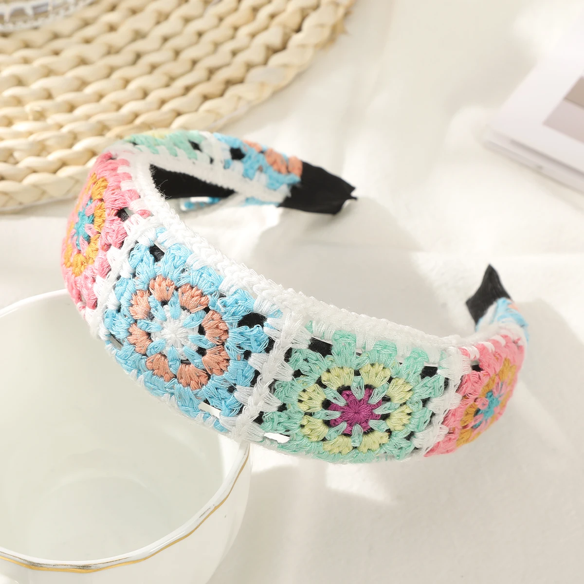 Flower Pink Ethnic Crochet Headband Hair Hoops Women Knitting Hairband Hair Hoop Retro Hair Bands Women Wide Hair Accessories