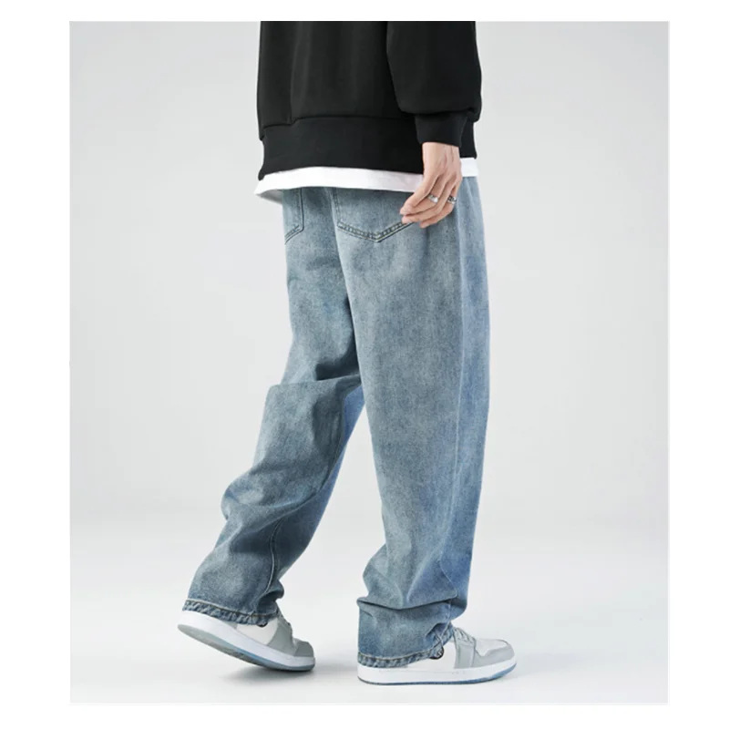Men's 2023 Spring and Autumn New Washed Jeans Japanese Simple Solid Color Straight Sleeve Casual Loose Wide Leg Pants L0001