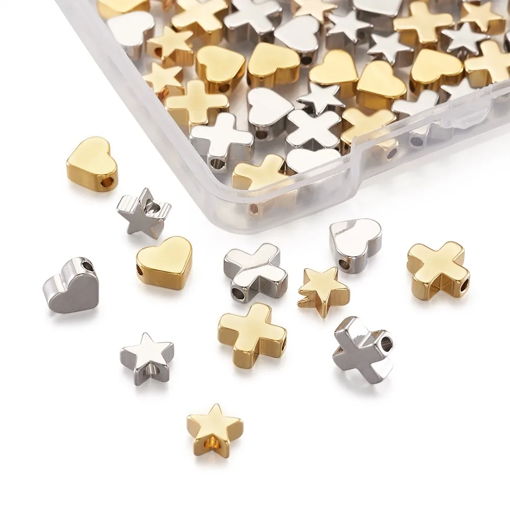 

60Pcs/Box Golden Tiny Brass Beads Heart Star Cross Two Color Loose Spacer Beads for Jewelry Making Bracelet Handmade Accessories