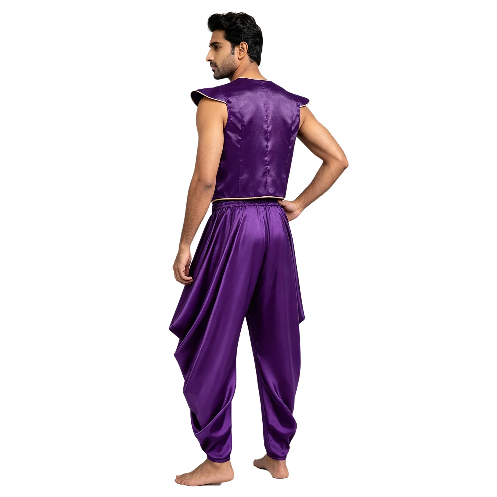 Costume di Halloween da uomo, costume da principe arabo, completo in raso, gilet aperto sul davanti con maniche a volant, canotta e pantaloni harem con elastico in vita - immagine 2