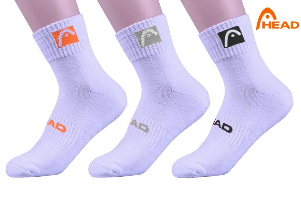3 pairs of socks Head white men and women Sports sock cotton tennis sports Middle tube sock Sweat thickening Sock