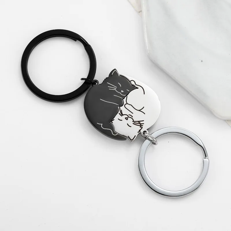 3-farbiger neuer gepaarter Paar-Schlüsselanhänger, Valentinstagsgeschenk, schwarz-weiße Katze, Schlüsselanhänger, Tasche, Dekoration, Metallhalter, hängendes Zubehör