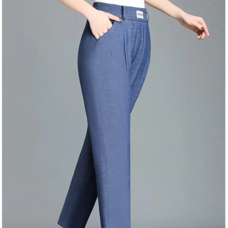 Women's 2024 Summer New Patchwork Elasticized High-waisted Pocket Fashion Solid Minimalist All-match Casual Straight Pants