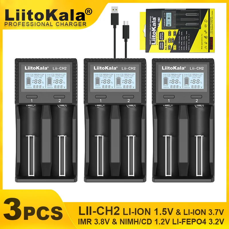 

3 шт., LiitoKala Lii-CH2 1,5 V AA литий-ионная литиевая аккумуляторная батарея, умное зарядное устройство для 3,2 V 3,7 V 18650 21700 26650 26700 + 5V2A