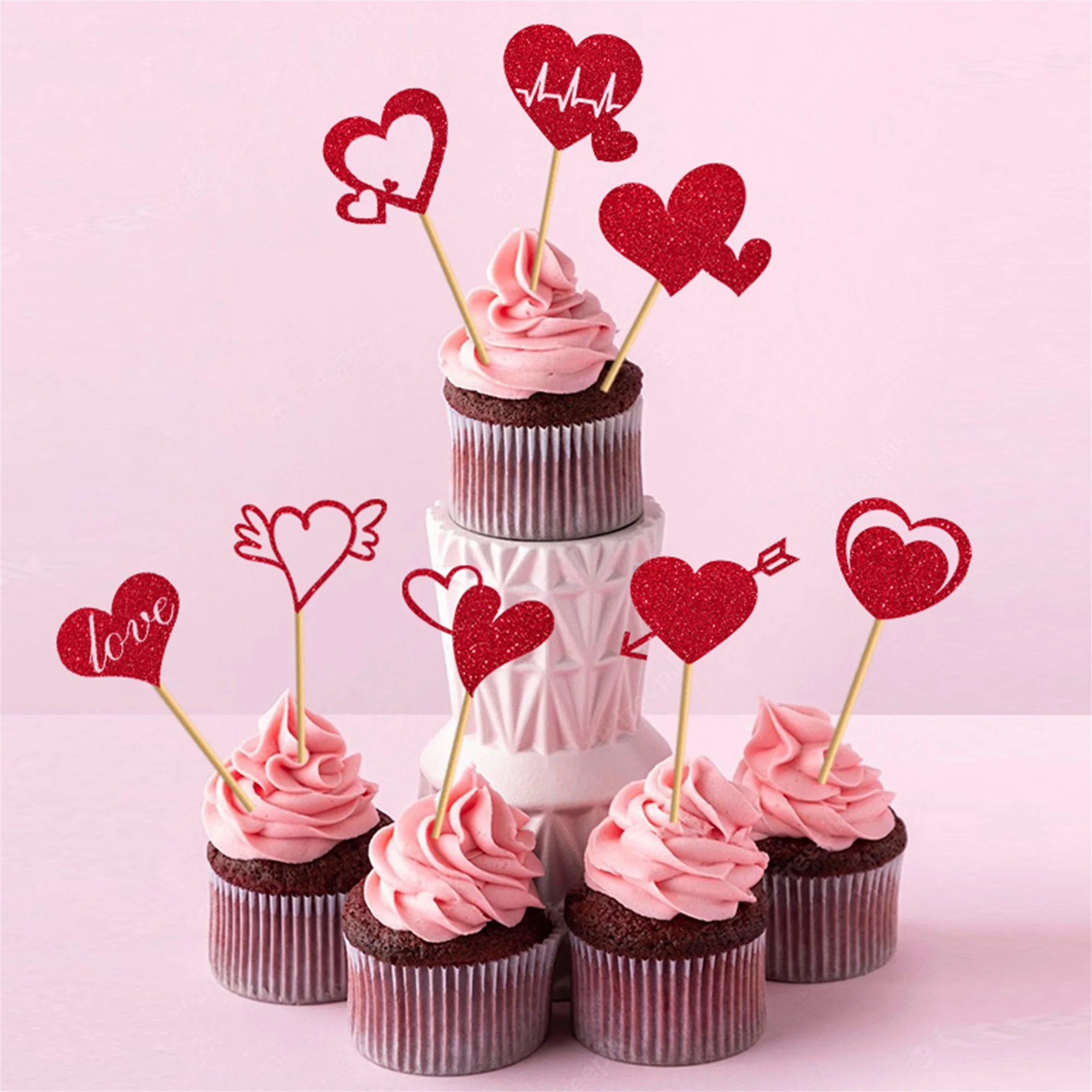 Valentine s Day Cake Decorations Set with Glitter Heart Cupcake Toppers - 8pcs Love Theme Party Supplies for Holiday