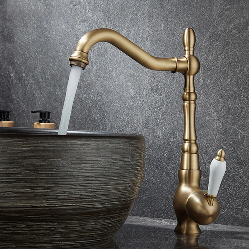 Home Improvement Accessories Antique Brass Kitchen Faucet 360 Swivel Deck Mounted Bathroom Basin Sink Mixer Tap zsf910