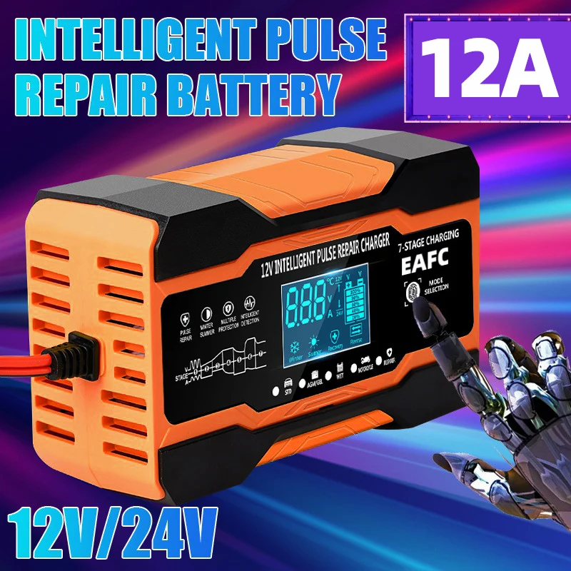 Chargeur Batterie Intelligent 25A 12V/24V - Pour Voiture, Moto, AGM, LiFePO4 - Écran LCD - Réparation Batteries