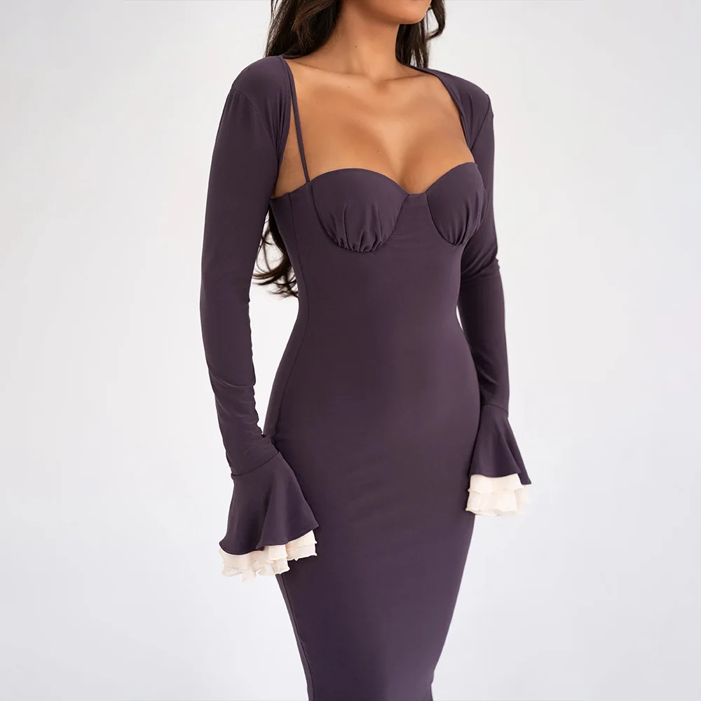 Elegant Long Flared Sleeve Elastic Tight Women Two-piece Set Autumn/Winter New 2025 Sexy Party Club Evening Dress