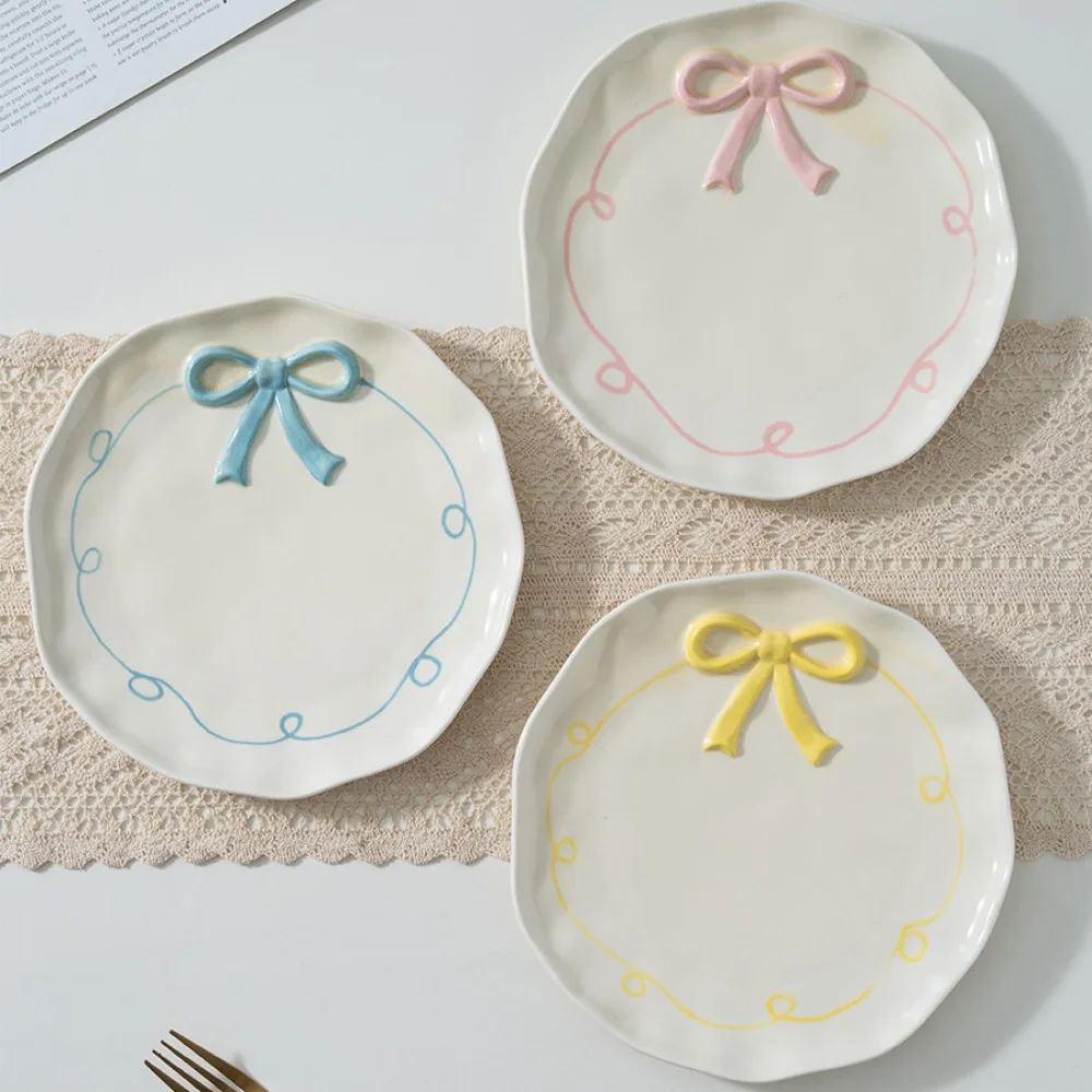 Nordic Ins Hand-painted Ceramic Bow Shape Plate Ornament Sliving Room Bedroom Dining Table Snack Fruit Salad Plate Birthday Gift 4