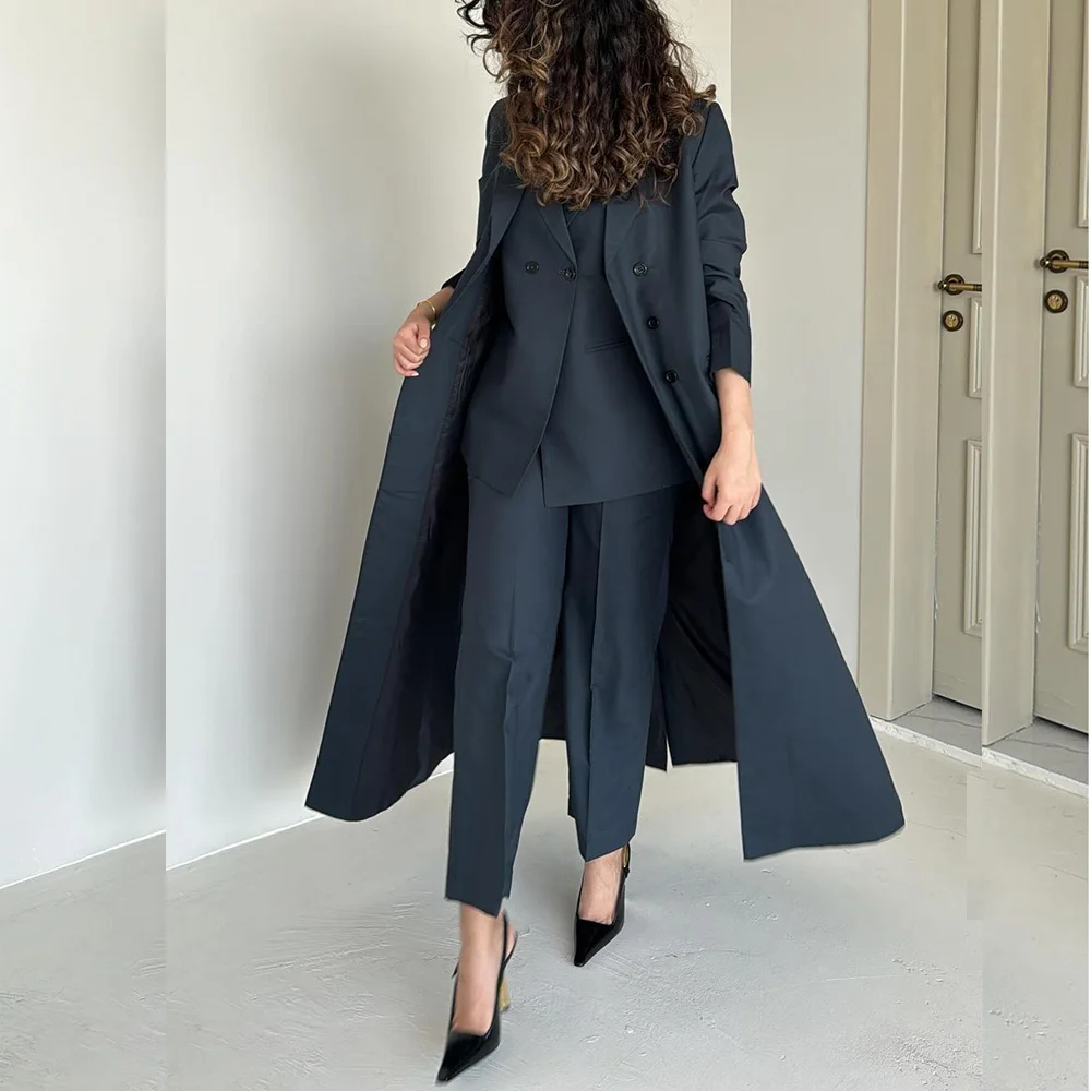 Women Elegant Navy Blue Luxury Suits Double Breasted Notch Lapel Long Blazer Formal Business Office 3 Pcs Jacket Pants Vest