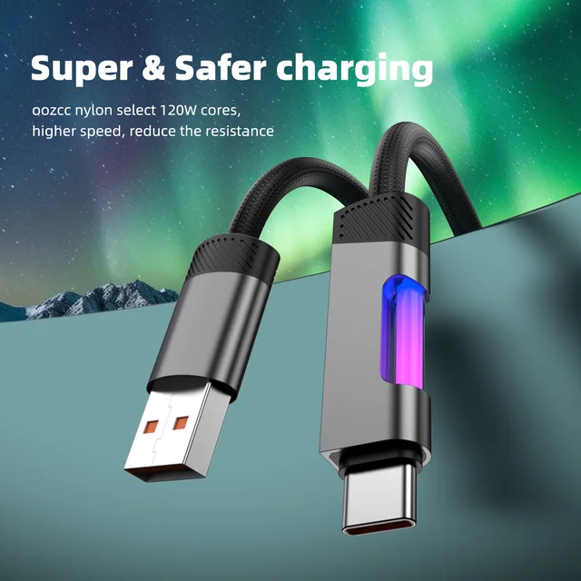 RGB Fast Charging Cable 120W 6A USB Type C Charge Cable with RGB Ambient Light 4