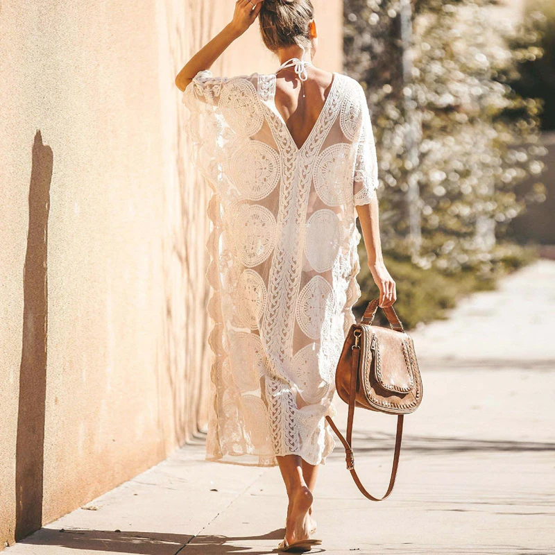 Summer New Kaftan Robes Sexy Solid Color Lace Hollow Bikini Cover-up Fashion V Neck Batwing Sleeve Transparent Sunscreen Dresses 4