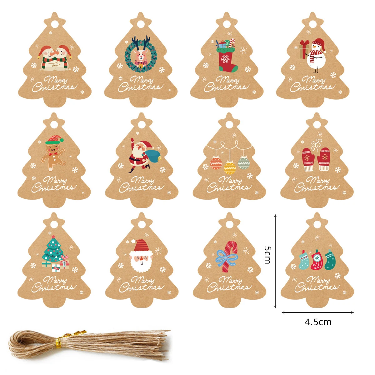 thumbnail image 1 of 48 etiquetas de papel colgantes navideñas con diseño de árbol de cartón, Papá Noel y muñeco de nieve, etiquetas impresas para manualidades, suministros para envolver regalos de Navidad, 1 of 5