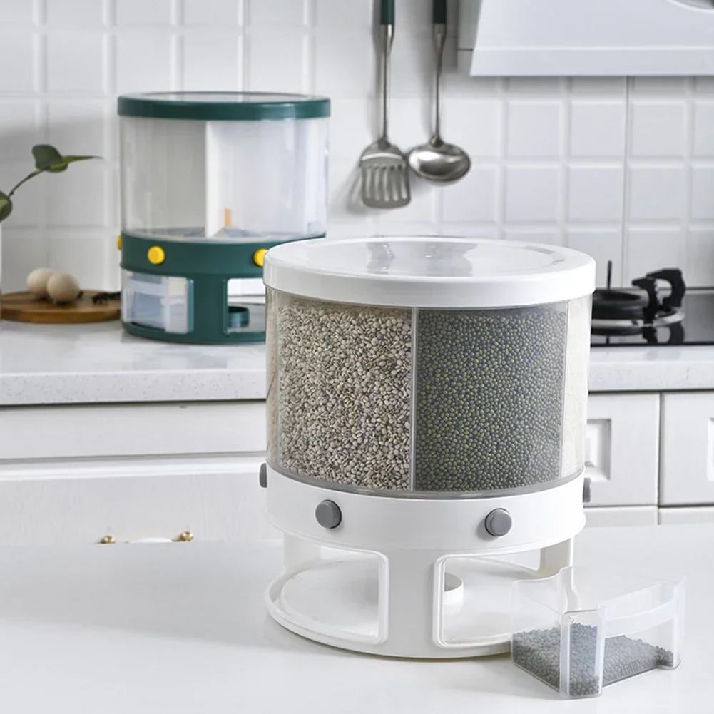 

Container Bucket Dispenser Measuring Dry Storage 6 Rotating Kitchen Box Grid Organizer Rice Grains Food