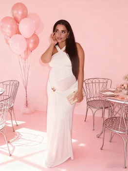 Halter Neck Maternity Dress Photoshoot White Cross Front Pregnancy Gown Elegant Slim Maxi Dresses Baby Shower Photography Outfit
