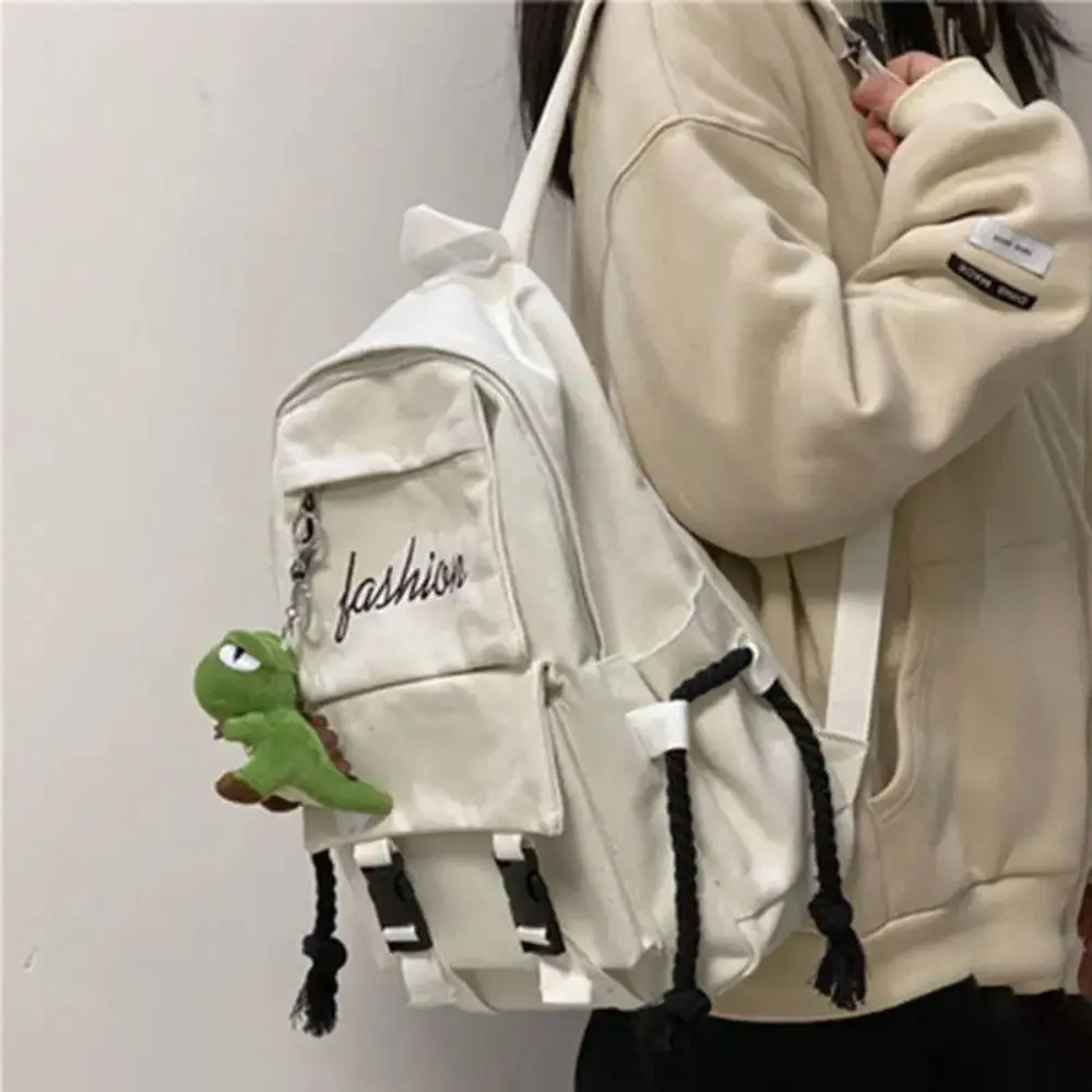 Women's Korean Version Canvas Schoolbag Men's Casual Solid Color Backpack Travel School Shoulder Bag 3