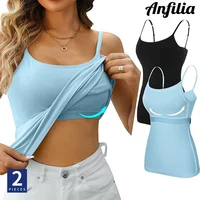 Anfilia Women Camisole 2PCS Solid Adjustable Spaghetti Straps with Shelf Bras 95% Cotton Soft Casual High Elastic Tank Tops