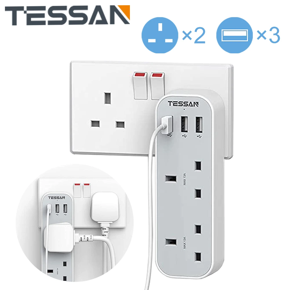 

TESSAN UK Multi Plugs Extension Adapter with 1/2 AC Outlets and 2/3 USB Ports, 13A UK Wall USB Charger for Home Office