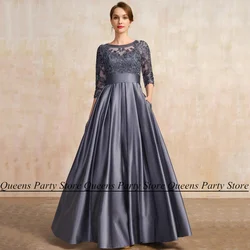 Grey Satin Mother of The Bride Dress with Pockets Scoop Neck Lace Floor Length Evening Party Gowns A Line Wedding Guest Dresses